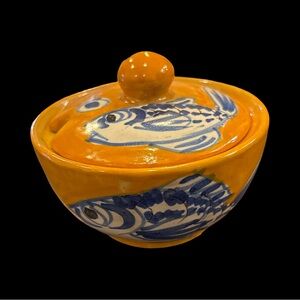 Vintage Covered Bowl With Painted Fish Made In Italy MDL